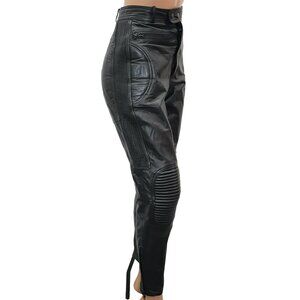 EDGY Black Leather Motorcycle Biker Leather Pants Ribbed Knee Panels S-M